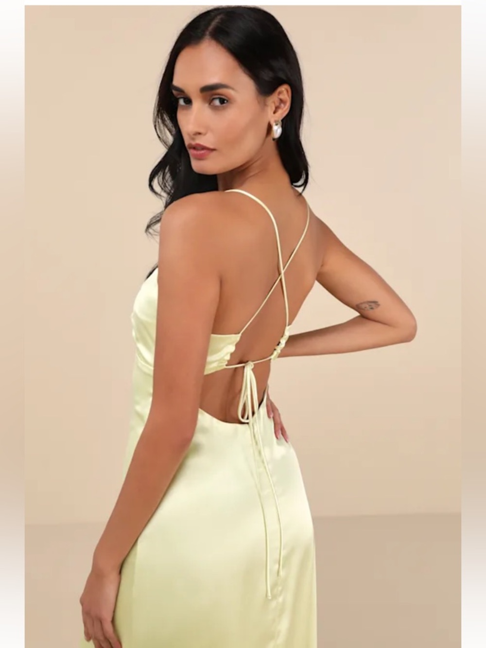 NWT Lulus Stunning Example Light Yellow Satin Backless Maxi Dress - Picture 3 of 8